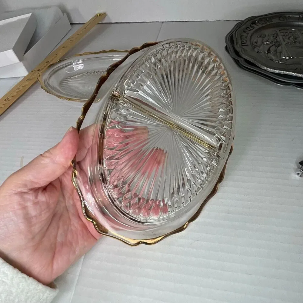 Lot of 2 Midcentury starburst pattern gold trimmed relish dishes